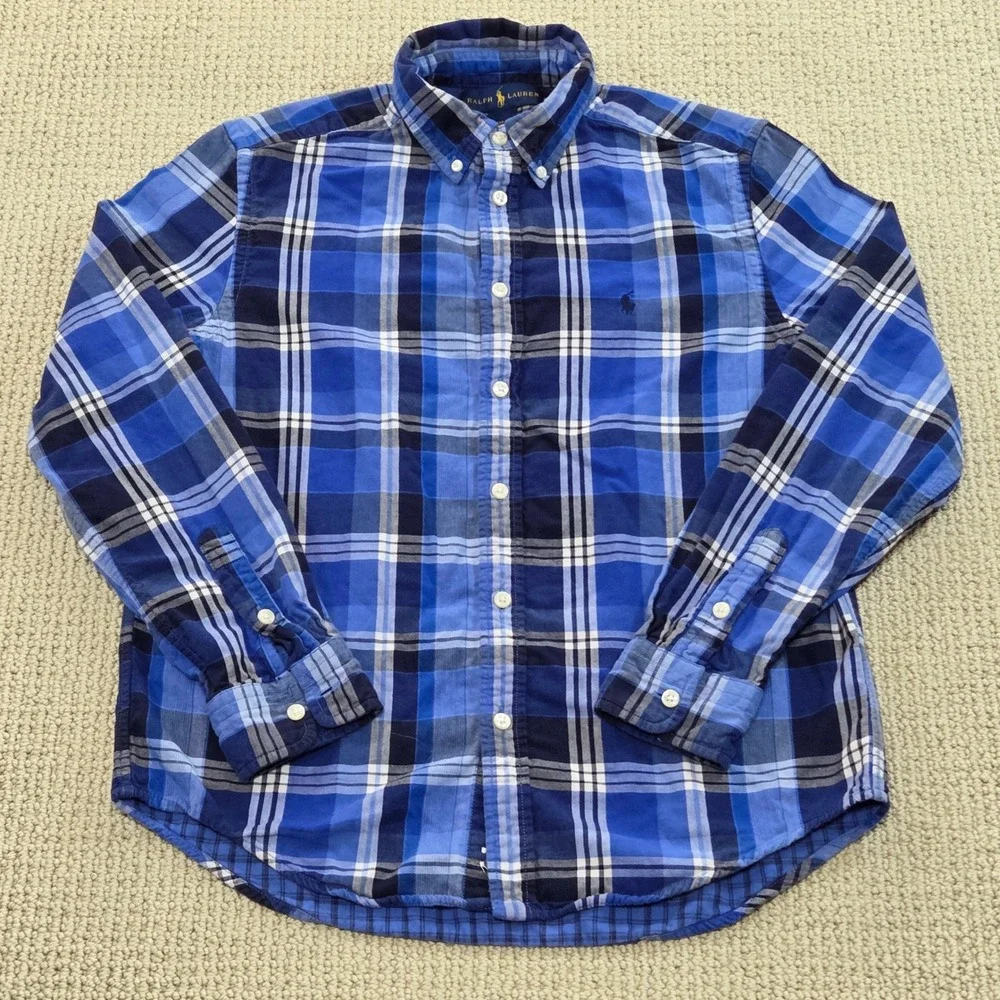 Ralph Lauren Boys Button Down Shirt Plaid Blue Long Sleeve Youth‎ L (14-16)